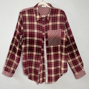POL Plaid Patchwork Long Sleeve Shirt Button Down Lace Trim Size M Red Pink Boho